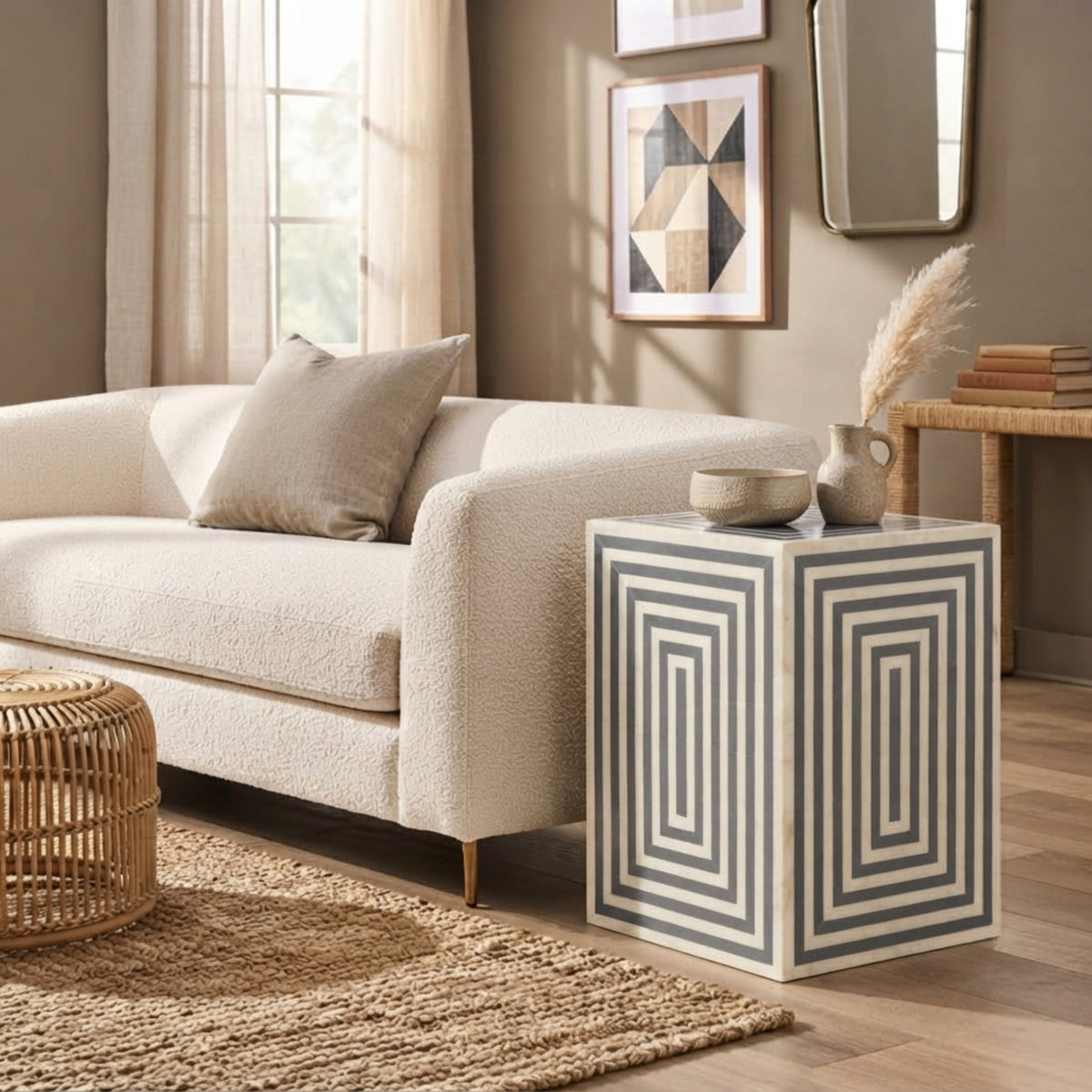 A modern side table with a white base and navy blue geometric concentric rectangle pattern, styled in a bright living room next to a cream bouclé sofa.
