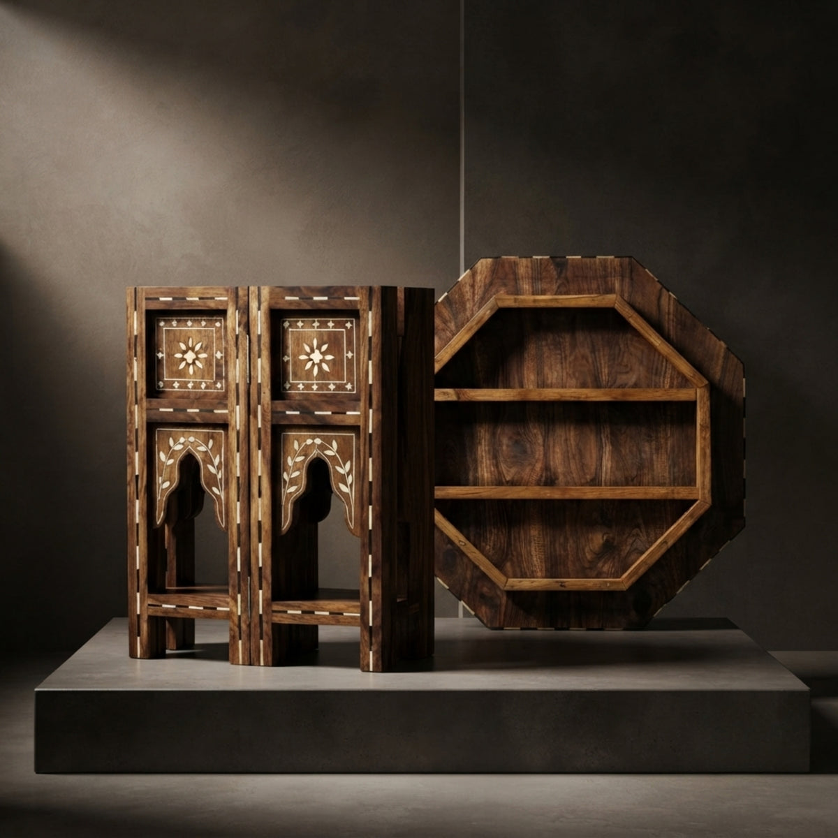 Dark brown wooden furniture set including a two-door cabinet with intricate geometric inlays and a matching octagonal shelf, displayed on a dark pedestal against a dark gray background.