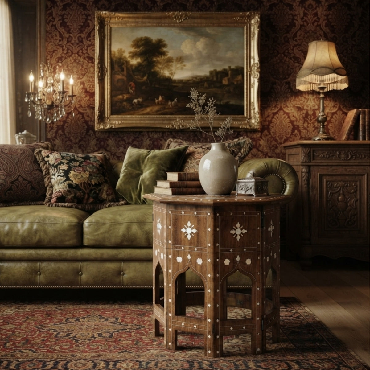 A styled interior scene featuring an ornate carved wooden side table with inlay details, holding a white ceramic vase and books, set in a richly decorated room with a green leather sofa, patterned wallpaper, and a framed landscape painting.