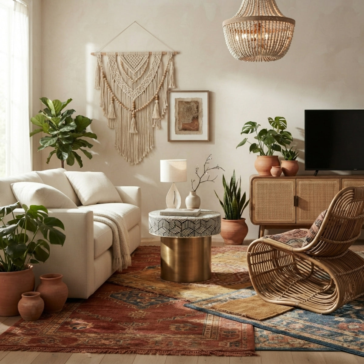 A beautifully styled bohemian living room featuring a cream sofa, a wicker rocking chair, a brass side table, and multiple potted green plants on patterned area rugs. A macrame wall hanging and framed art adorn the beige wall under a woven chandelier.