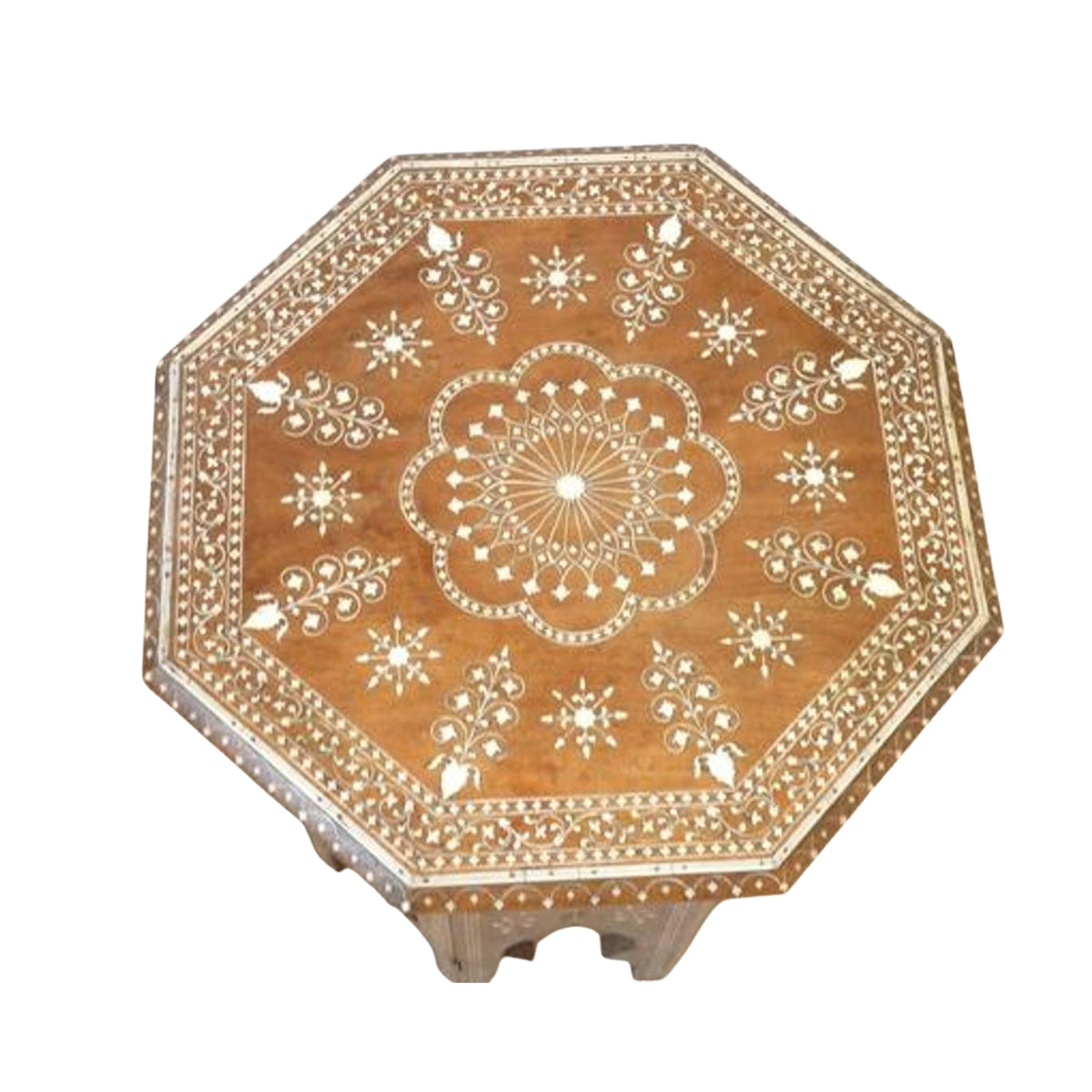 An octagonal wooden table with intricate white inlay patterns and a central floral medallion, shown from a top-down angle on a white background.