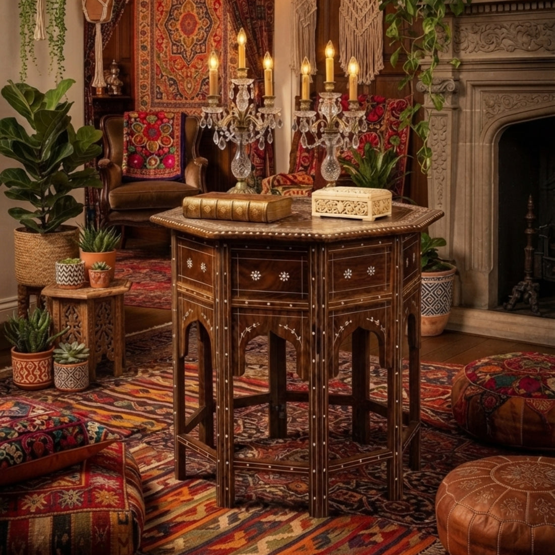 An ornate dark wood writing desk or console table with carved details and brass hardware, styled in a richly decorated bohemian room with rugs, plants, candles, and leather poufs.