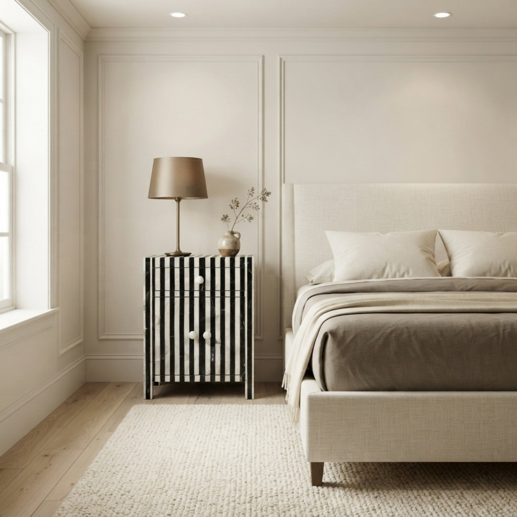 A modern bedroom scene featuring a black and white vertically striped nightstand with a gold lamp and vase, next to a beige upholstered bed with neutral bedding.