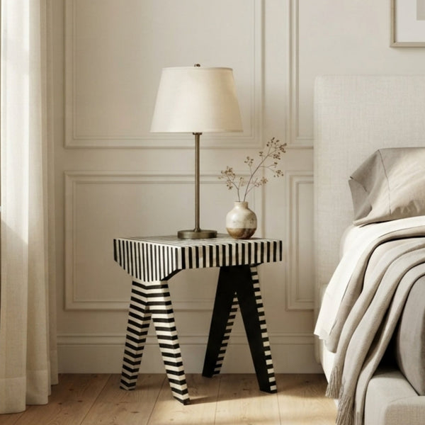 Striped Nightstand - Black & White Bone Inlay Bedside Table