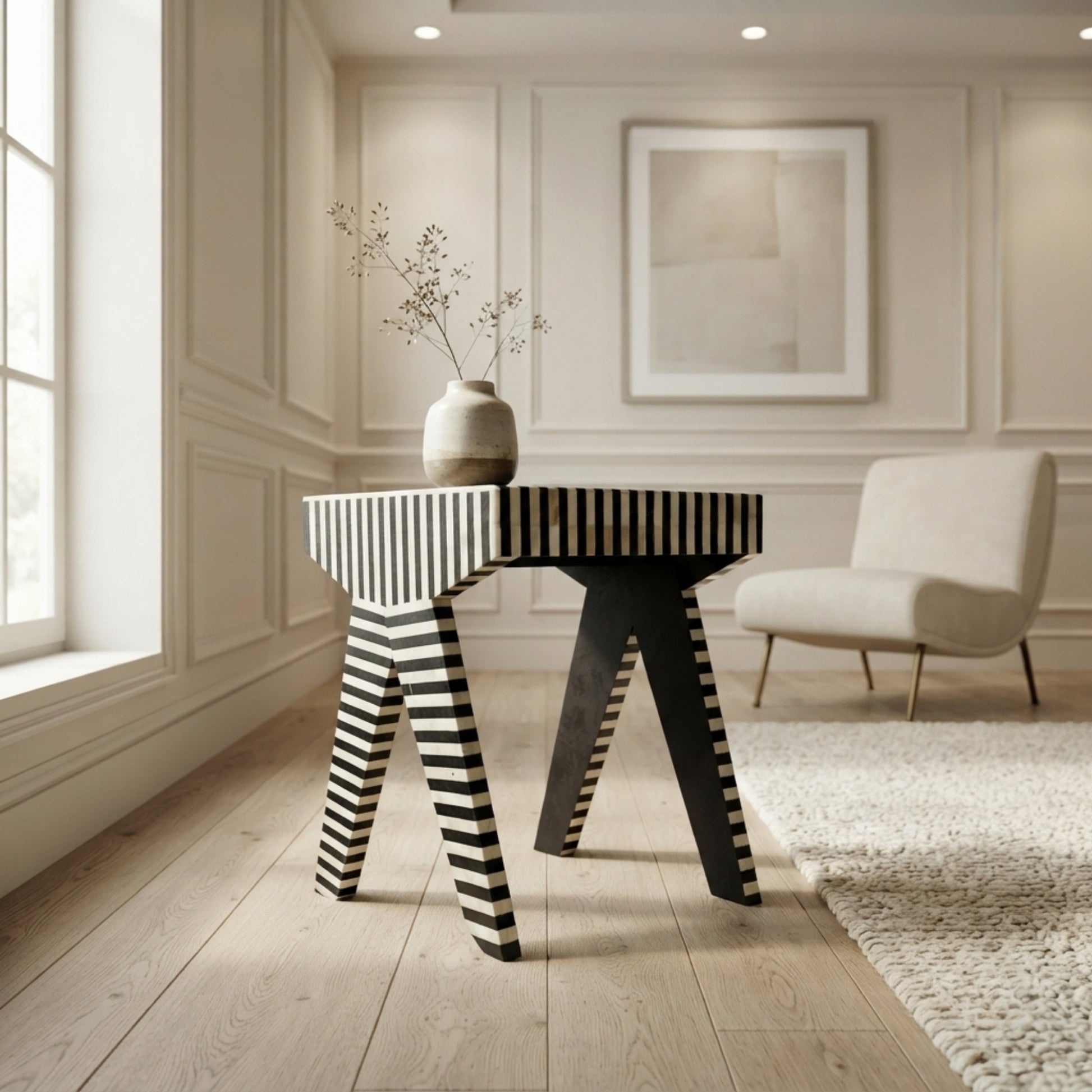 A modern accent table with a black and cream striped top and matching striped legs, styled in a bright, contemporary room with a white armchair and a vase of dried stems on top.