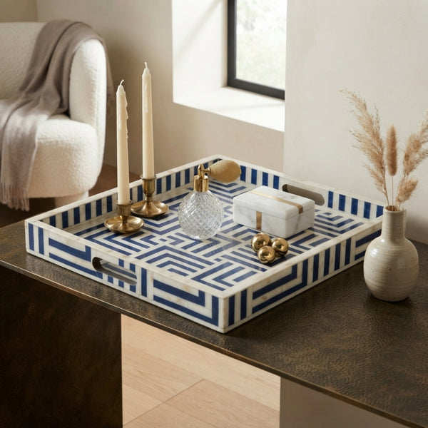 Handcrafted Azure Maze Bone Inlay Tray | Luxury Decor