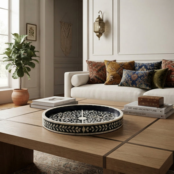 Handmade Black & White Bone Inlay Round Decorative Tray
