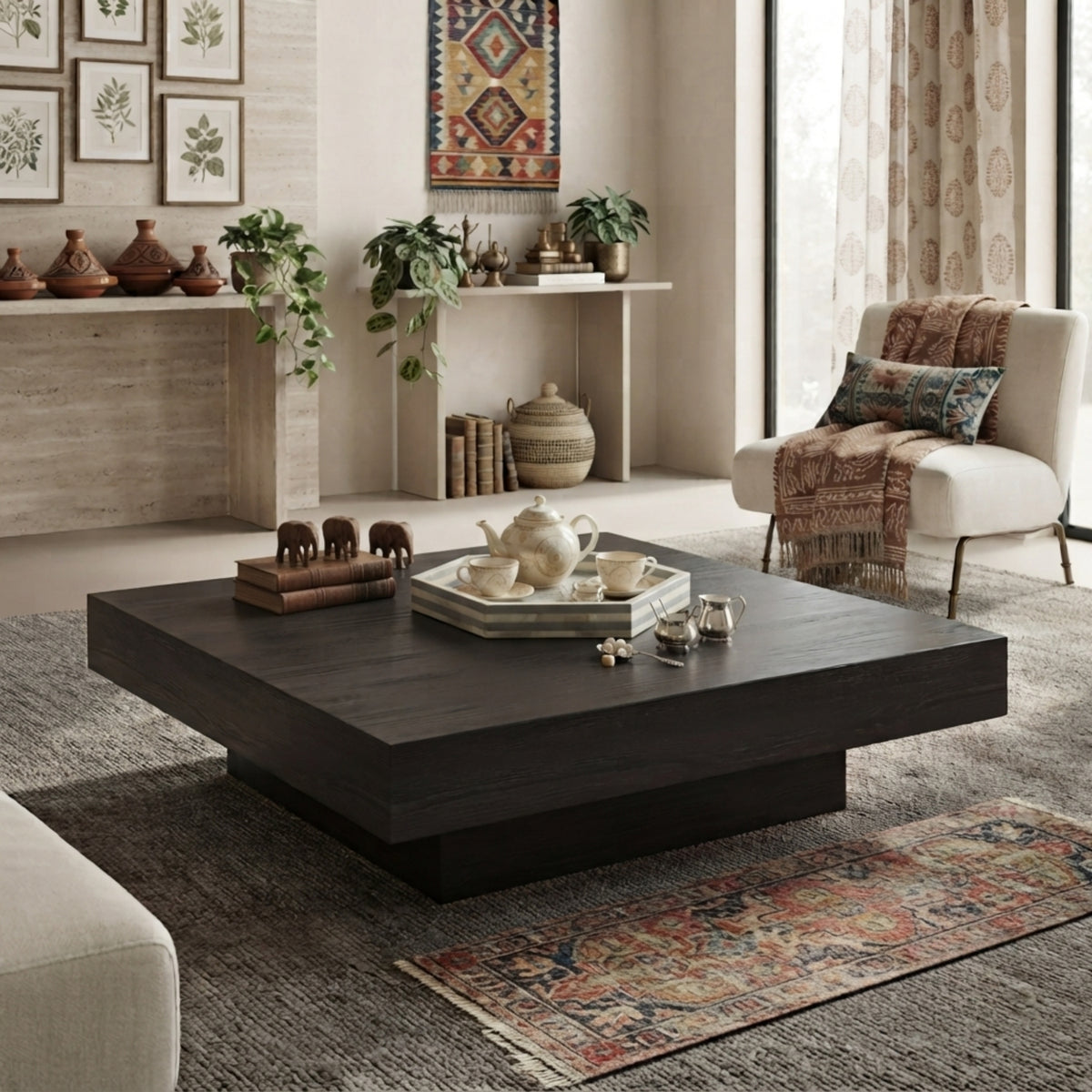 A dark wood square coffee table in a styled living room setting, surrounded by a gray rug, a patterned area rug, a cream armchair with a throw blanket, and a console table in the background.
