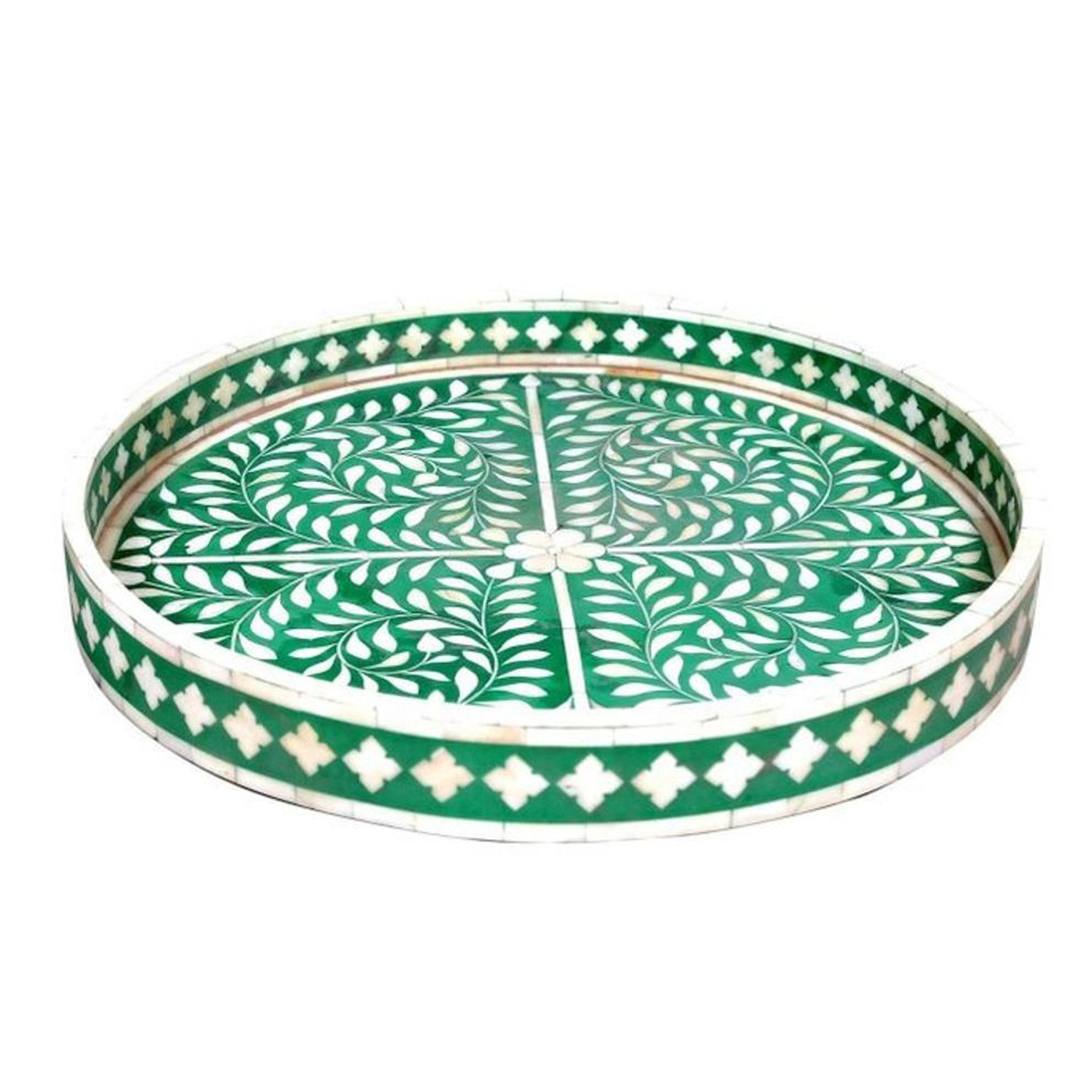 Bone Inlay Round Serving Tray – Floral Pattern Home Decor