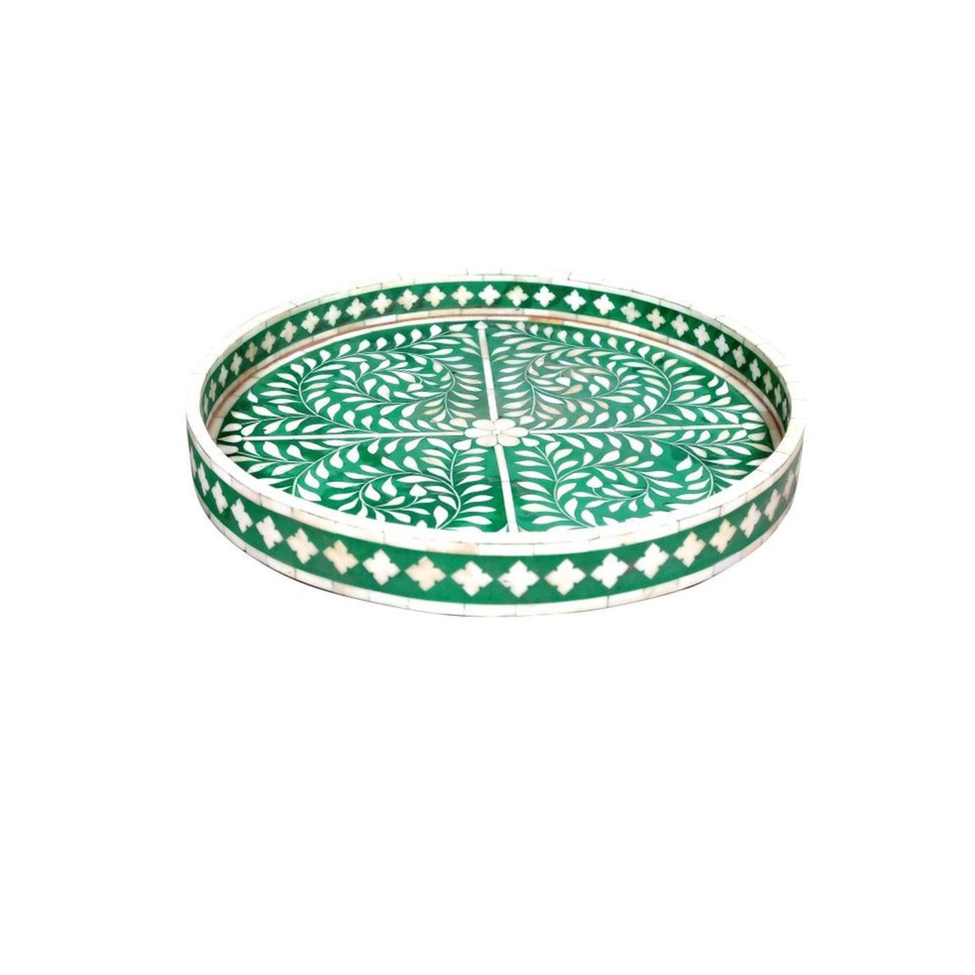 Bone Inlay Round Serving Tray – Floral Pattern Home Decor