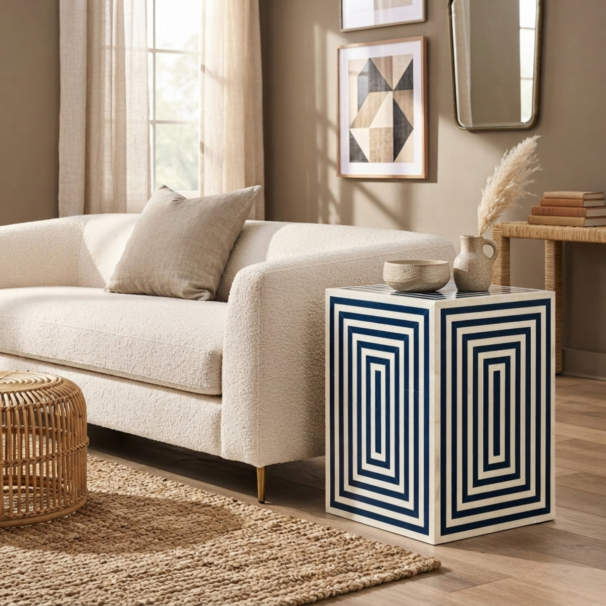 A modern side table with a white base and navy blue geometric concentric square pattern, styled next to a cream bouclé sofa in a warm, contemporary living room.