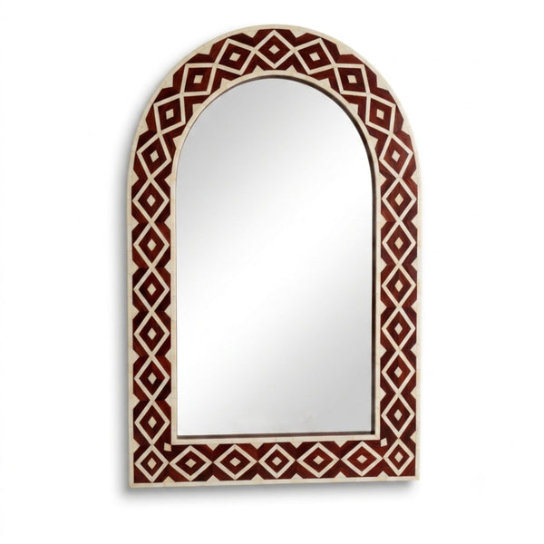 Handmade Brown & White Geometric Bone Inlay Arch Mirror – Luxury Wall Mirror