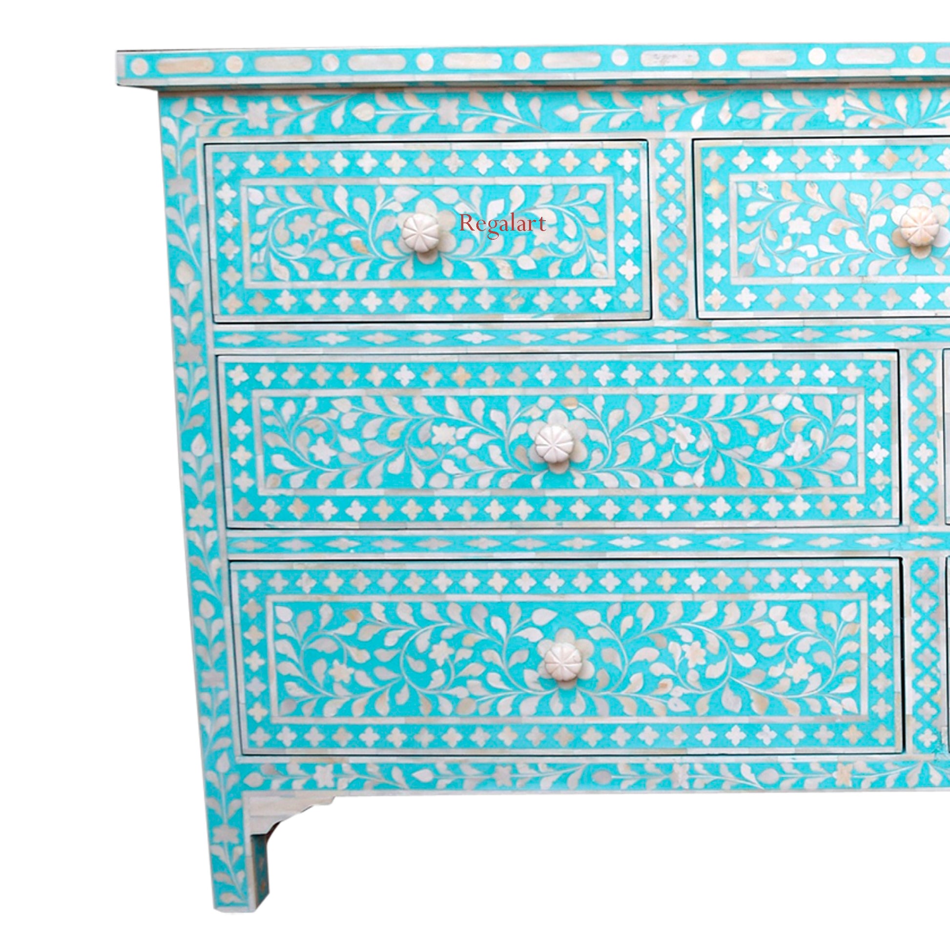 Handmade Bone Inlay Floral Chest of Drawer, Commode Handmade Wooden Inlay Furniture