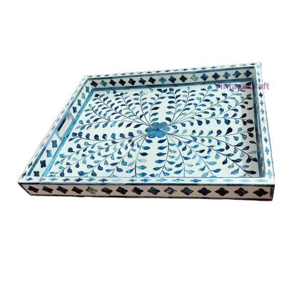 Blue Bone Inlay Kitchen Serving Tray Floral pattern Home Decor Art