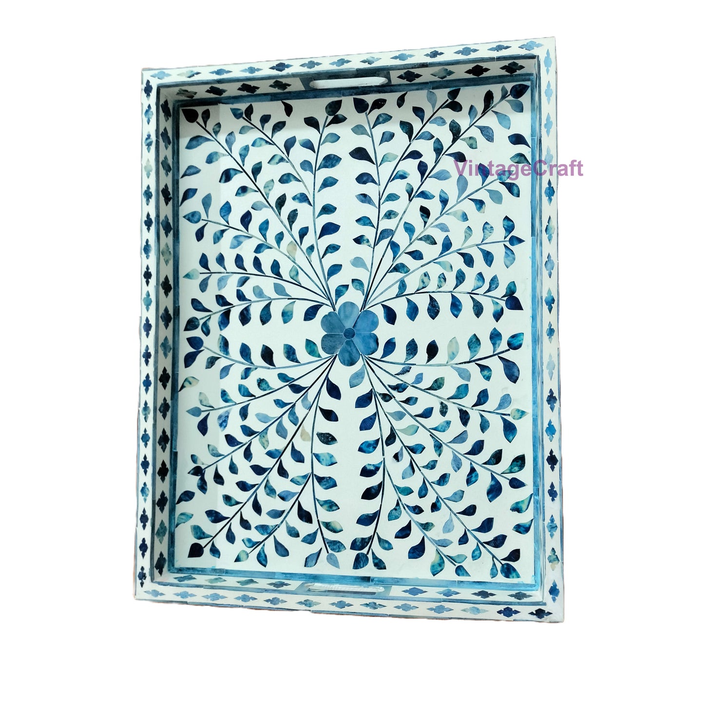 Blue Bone Inlay Kitchen Serving Tray Floral pattern Home Decor Art