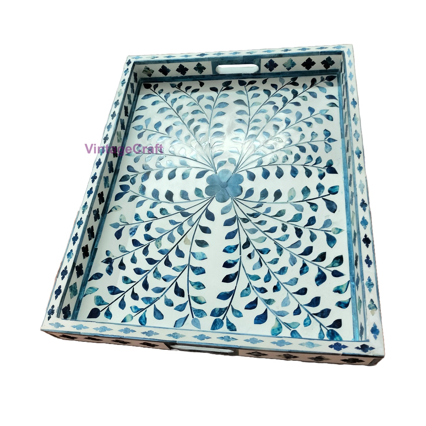 Blue Bone Inlay Kitchen Serving Tray Floral pattern Home Decor Art