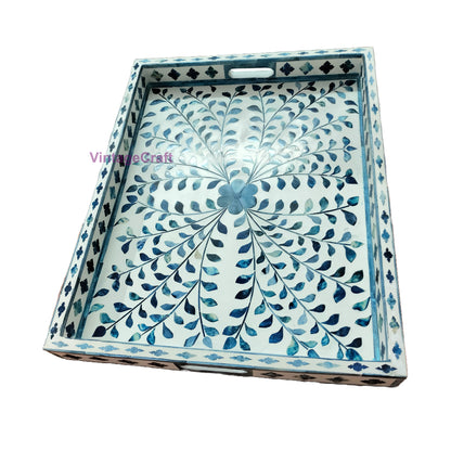 Blue Bone Inlay Kitchen Serving Tray Floral pattern Home Decor Art