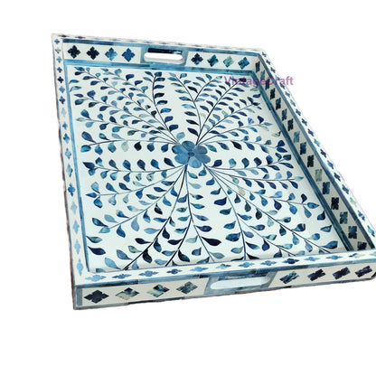 Blue Bone Inlay Kitchen Serving Tray Floral pattern Home Decor Art