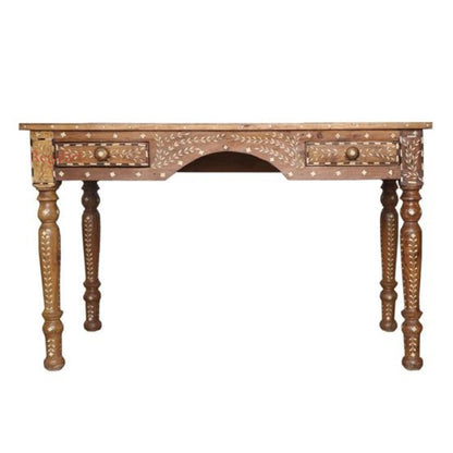 Wooden Carving Bone Inlay Desk Table Handcrafted Floral Art Home Decor