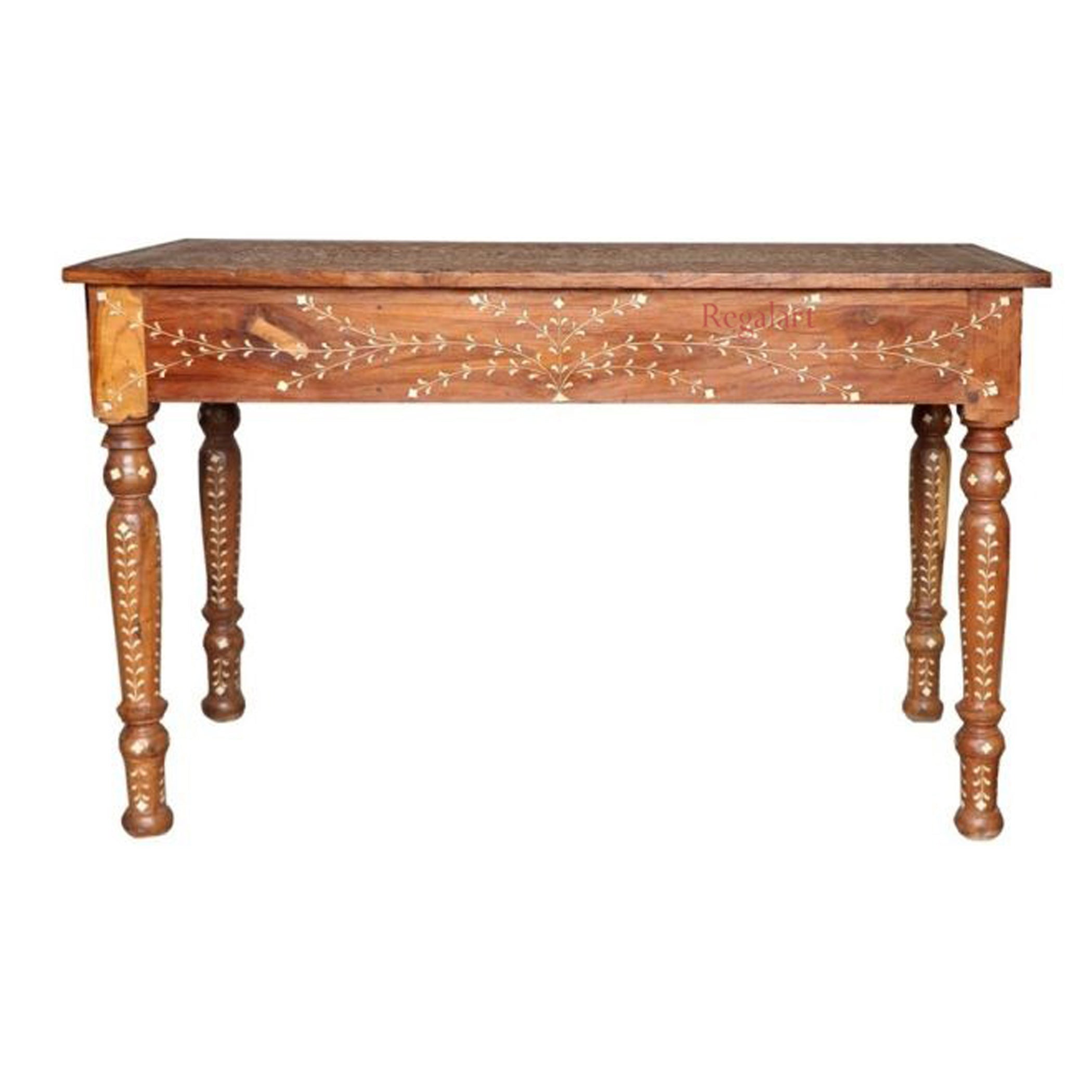 Wooden Carving Bone Inlay Desk Table Handcrafted Floral Art Home Decor