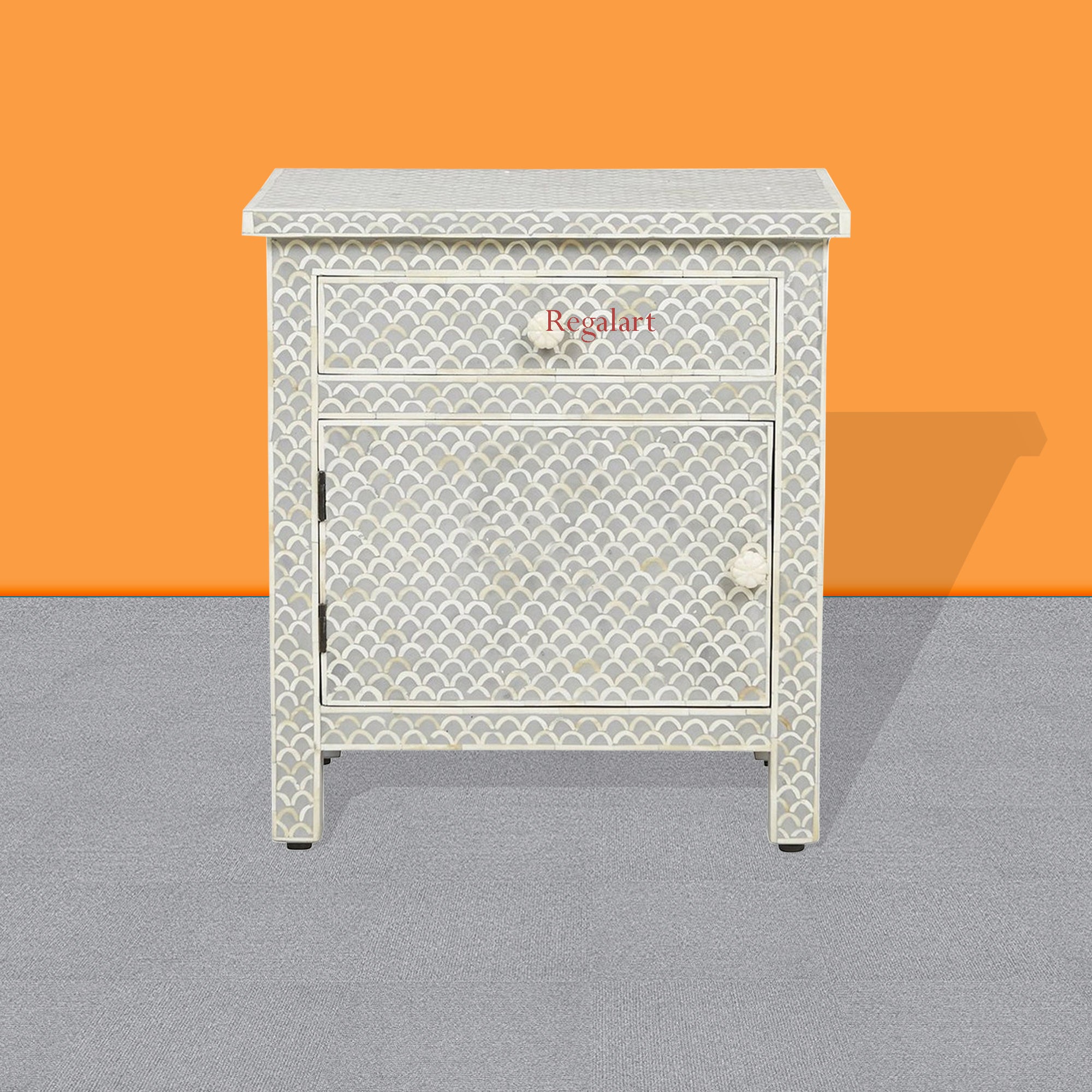 Handmade Bone Inlay Bedside Table With 1 Drawer 1 Door Home Decor Unique Pattern Nightstands Table