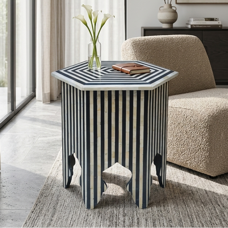Bone Inlay Side Table | Unique Pattern Decorative Stool