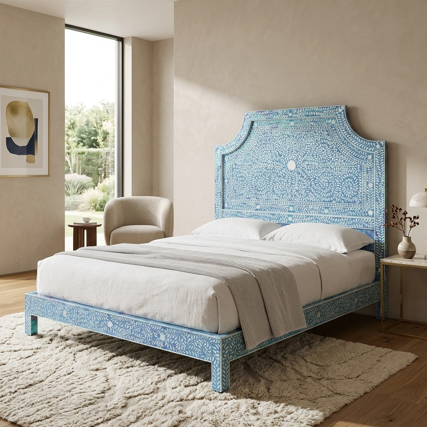 Handcrafted Bone Inlay Bed | Floral Headboard Luxury