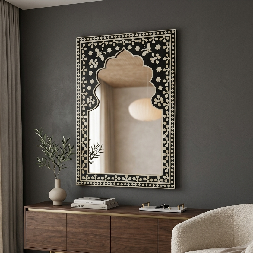 Heritage Bone Inlay Mirror Frame – Black Butterfly Artwork