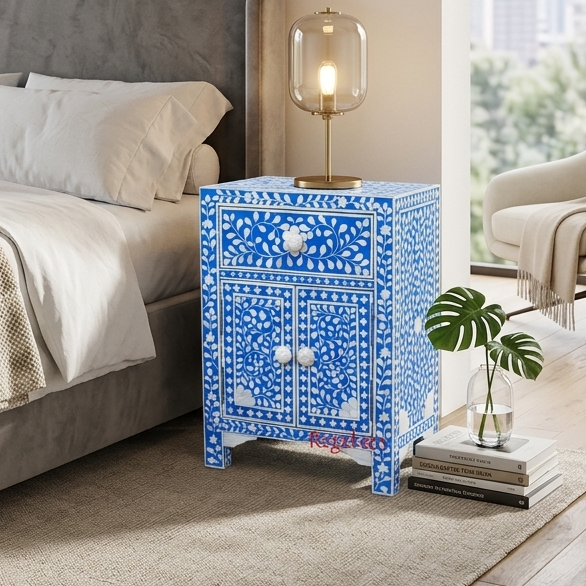 Luxury Floral Bone Inlay Table | Handmade Drawer Nightstand
