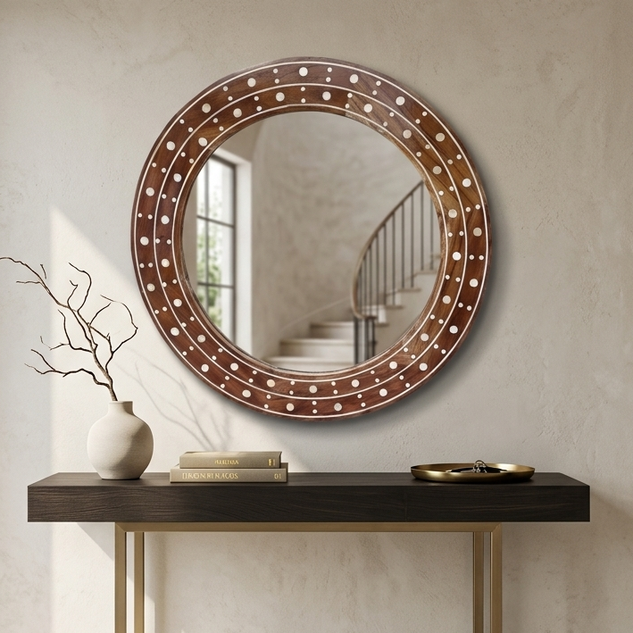 Round bone inlay handmade wooden wall mirror frame