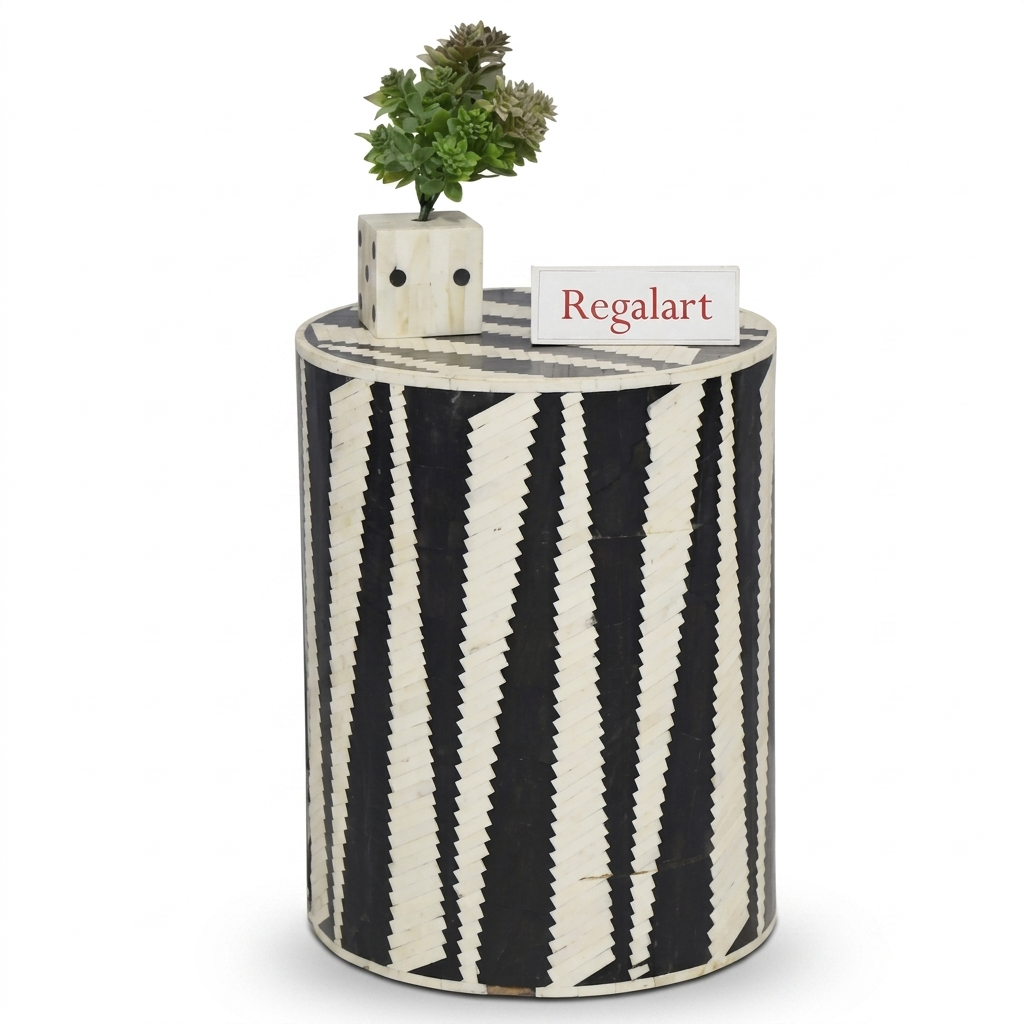 Luxury Bone Inlay Side Table | Black Round Pattern Stool