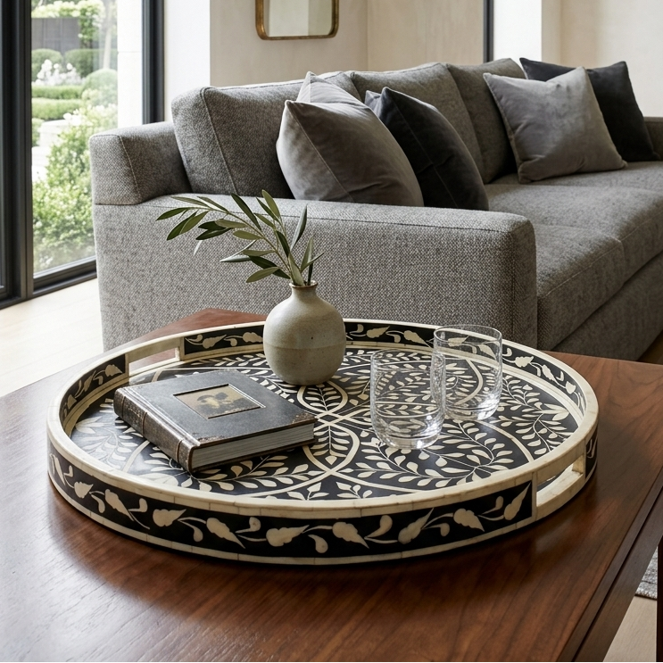 Luxury Floral Pattern Bone Inlay Round Serving Tray Decor