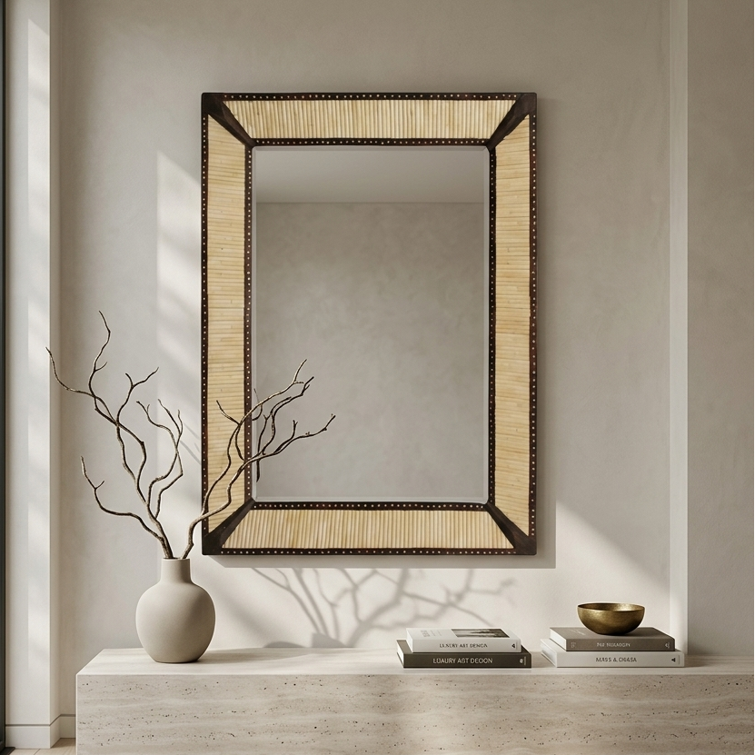 Henley Wood Pattern Wall Decor - Modern Bone Inlay Mirror Frame