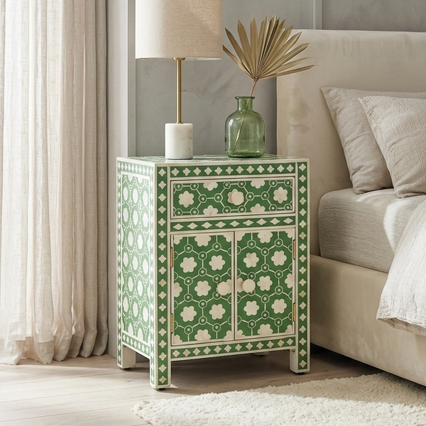 Handmade Bone Inlay Nightstand | Wooden Side Table