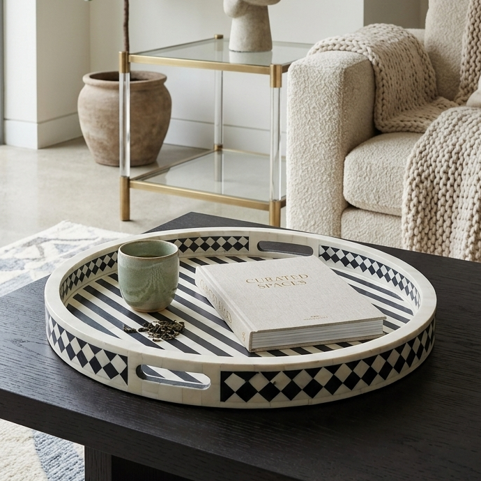 Luxury Bone Inlay Round Tray | Striped Decor Serving