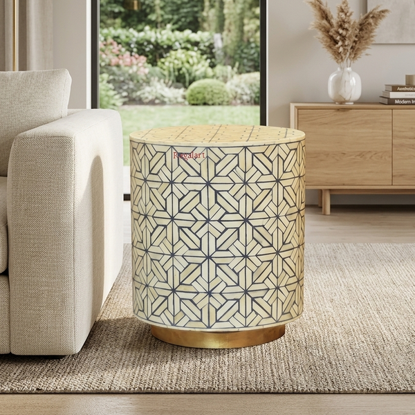 Luxury Bone Inlay Stool | Handmade Round End Table