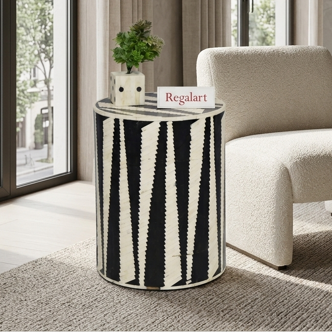 Luxury Bone Inlay Side Table | Black Round Pattern Stool