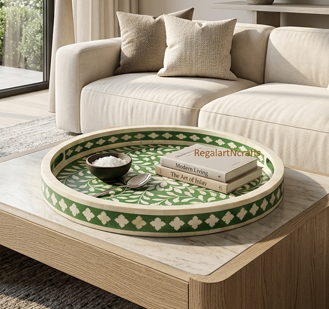 Handmade Bone Inlay Tray | Floral Round Decorative Tray