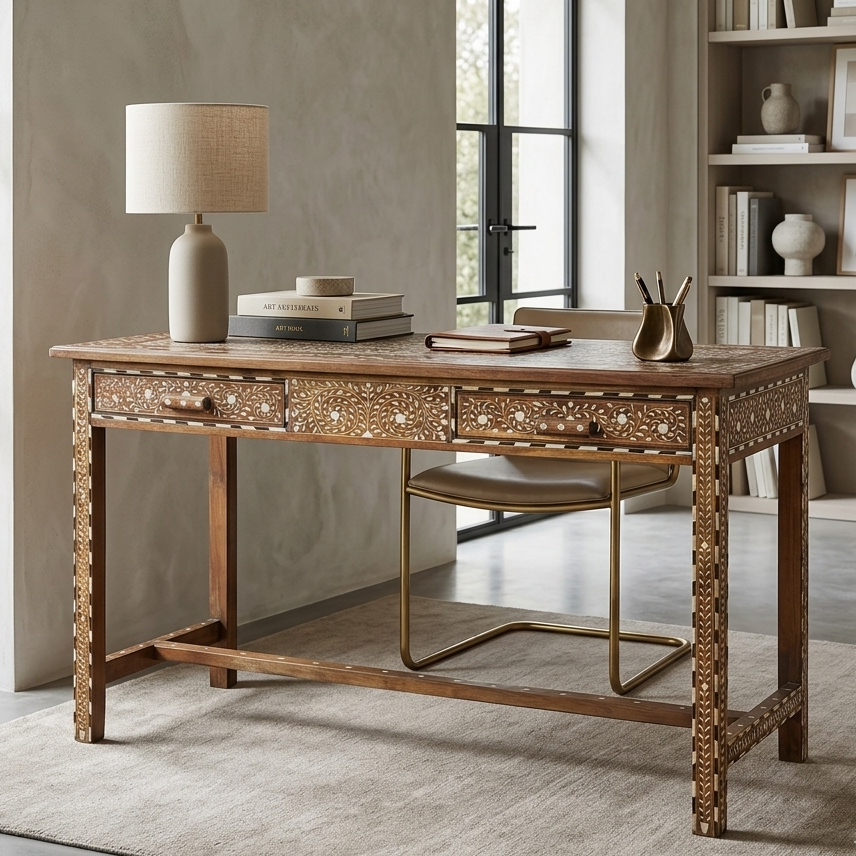Luxury Bone Inlay Desk Table | 2-Drawer Carved Study Table