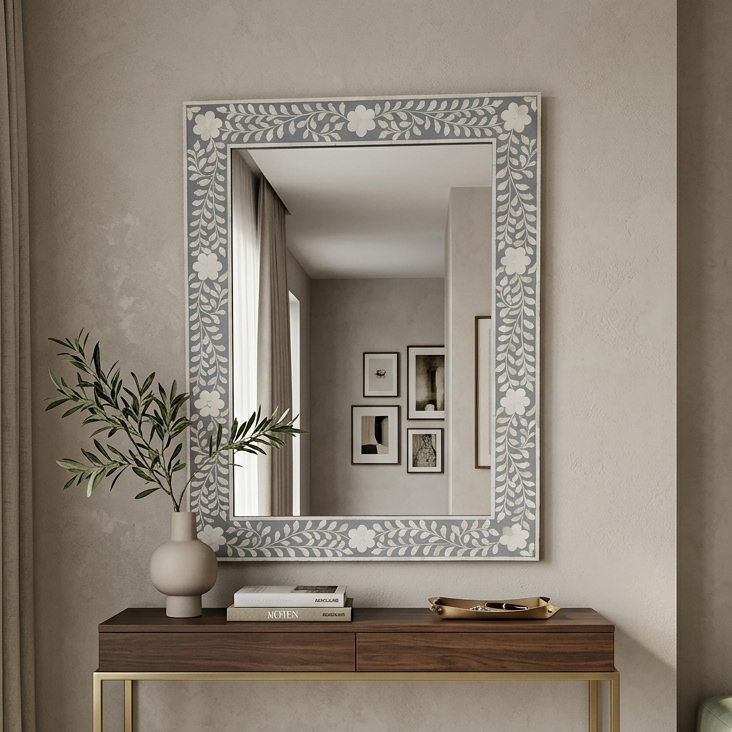 Luxury Floral Bone Inlay Mirror Frame – Home Wall Accent