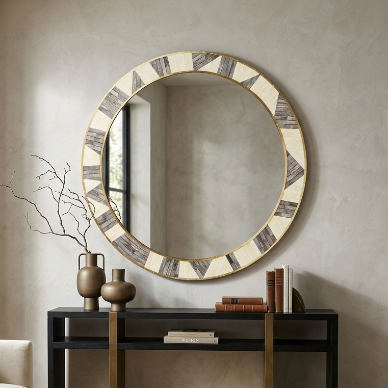 Luxury Round Mirror Frame – White Grey Bone Inlay Design