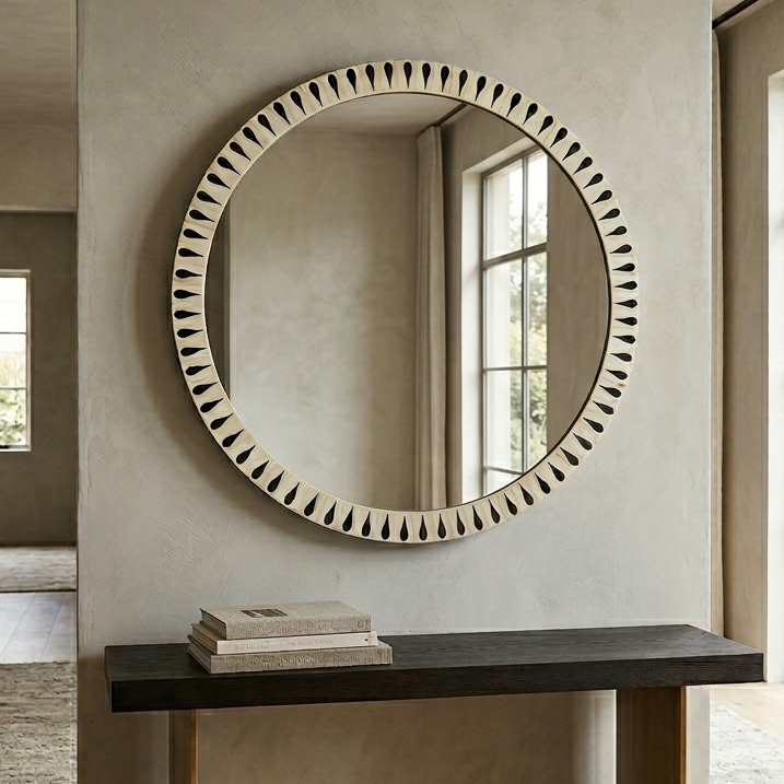 Round Bone Inlay Mirror Frame | Handmade Custom Wall Decor