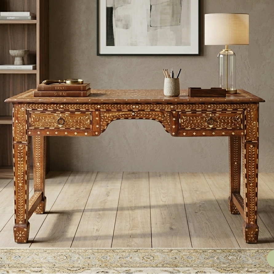 Bone Inlay Study Desk | Floral Wooden Drawer Table