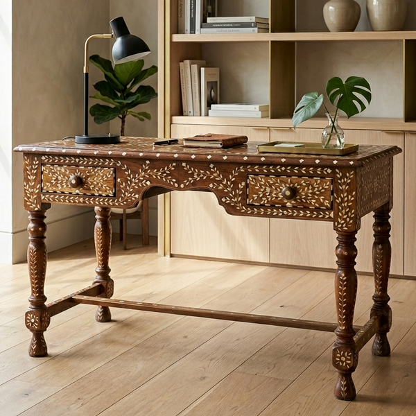 Luxury Bone Inlay Desk | Unique Wooden Study Table