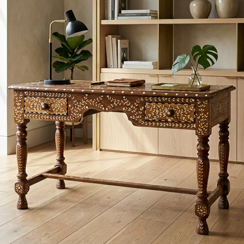 Luxury Bone Inlay Desk | Unique Wooden Study Table