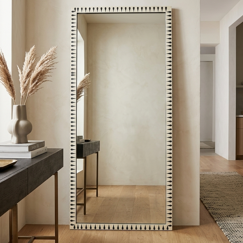 Handmade Bone Inlay Mirror | Modern Wood Frame Decor
