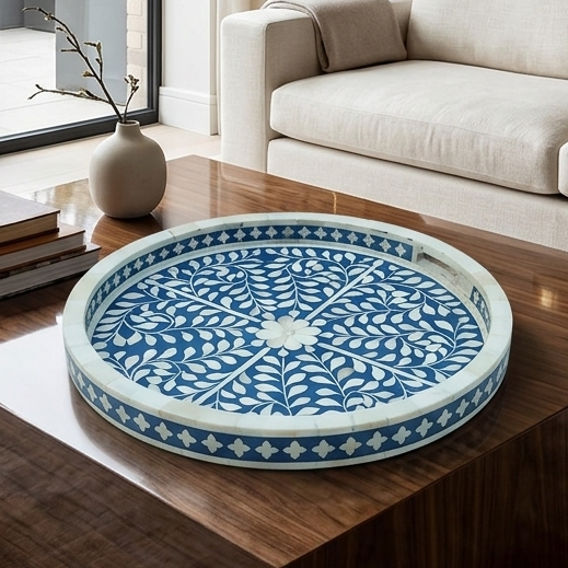 Luxury Floral Bone Inlay Serving Tray – Handmade Round Design
