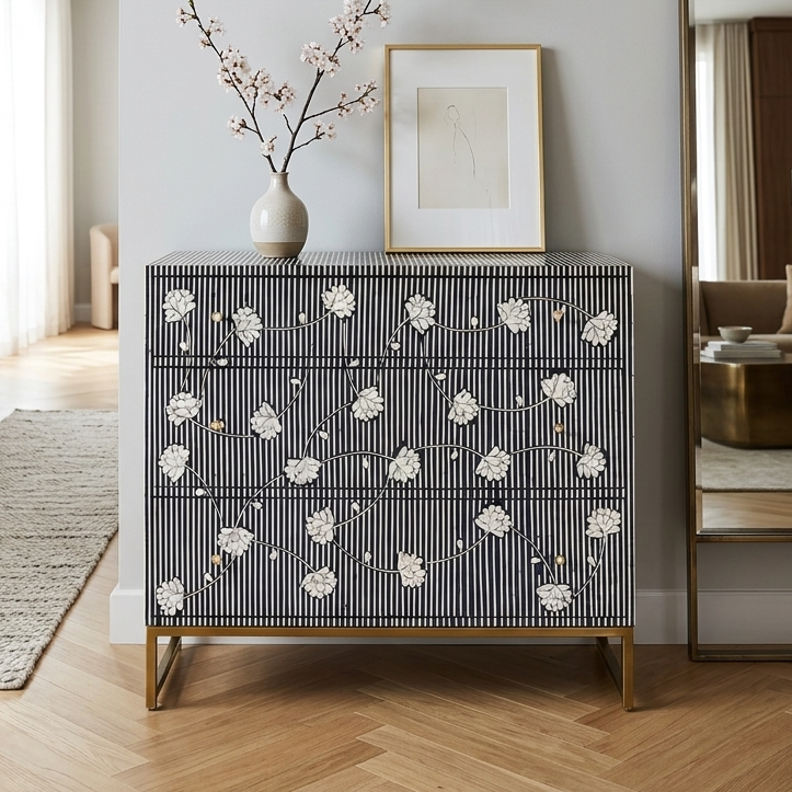 Bone Inlay Chest Indigo Floral | Luxury 3-Drawer Dresser