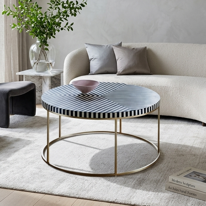 Luxury Bone Inlay Round Coffee Table with Metal Stand