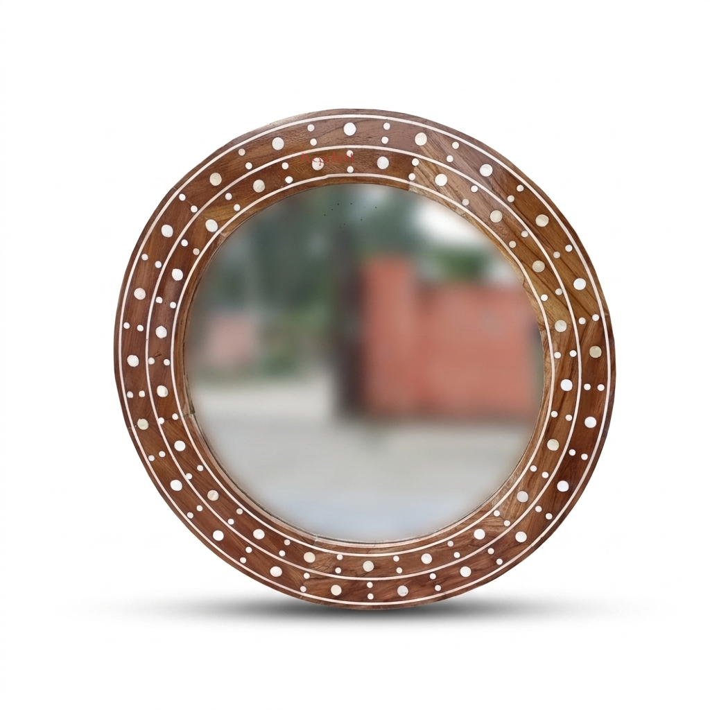 Round bone inlay handmade wooden wall mirror frame